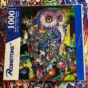 🧩 1000 piece Gorgeous Colorful Owl with poster and letter clues. Complete.